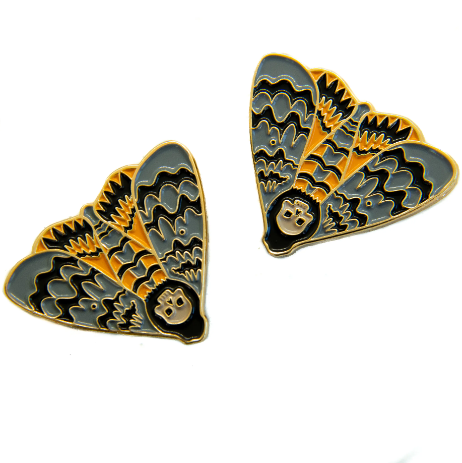 grey, golden yellow, and black enameled gold metal death's head moth clutch-back pin set to fit on collar points