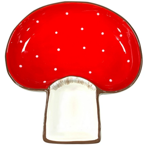 red & white hand-painted ceramic toadstool mushroom shaped two-section serving bowl
