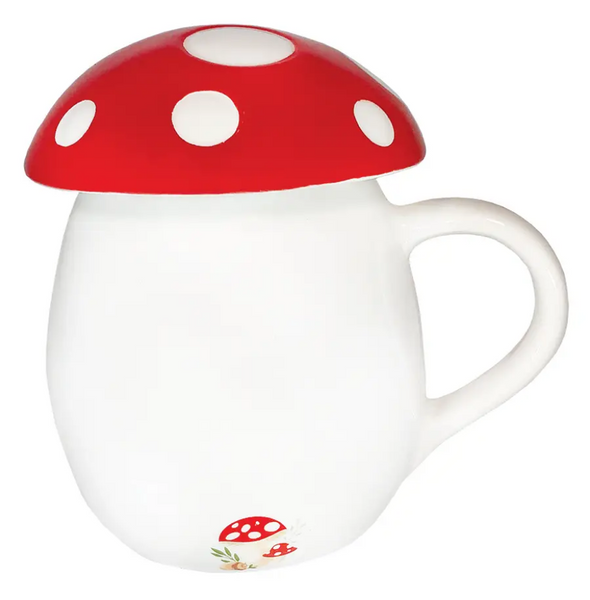 red & white hand-painted ceramic toadstool mushroom shaped lidded 12 oz. mug