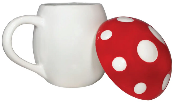 red & white hand-painted ceramic toadstool mushroom shaped lidded 12 oz. mug, shown with lid propped against the side