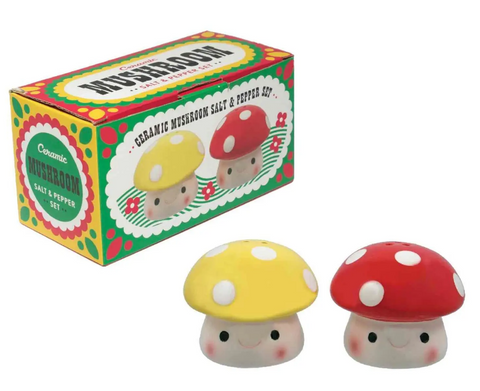 set of red & white and yellow & white hand-painted ceramic toadstool mushroom shaped salt & pepper shakers with blushing smiling faces, shown with color illustrated gift box packaging