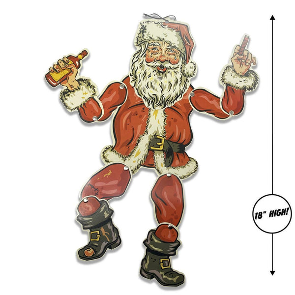 retro-style Cruddy Christmas "Mall Santa" with black eye, cigar, and whiskey bottle 18" tall jointed cardstock figure