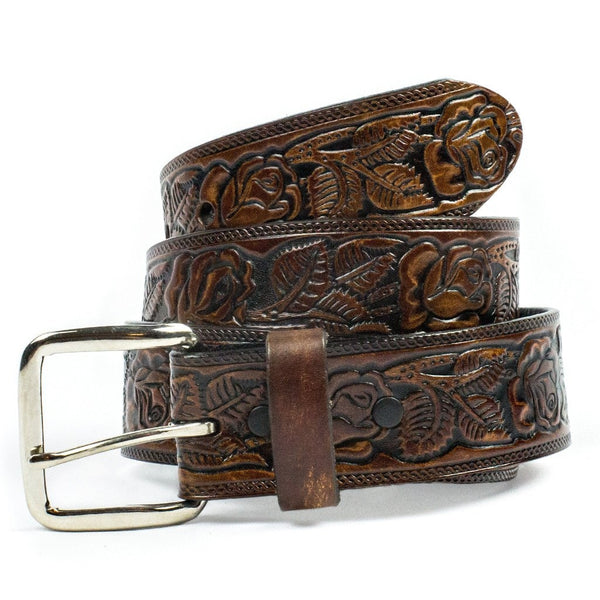 repetitive rose pattern stamped leather 1 1/2" wide brown belt with removable buckle