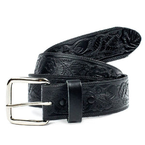 stamped repeat rose pattern 1 1/2" wide black leather belt with removable silver metal buckle