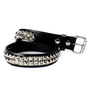 1 1/2" genuine leather black belt with 2 rows of 1/2" shiny silver metal pyramid studs and removable buckle