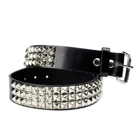 1 3/4" wide black genuine leather belt with 3 rows of 1/2" metal pyramid studs