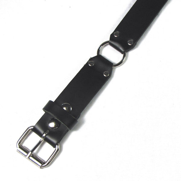 1 1/2" wide genuine leather black belt in sections separated by sturdy 1 1/2" riveted-in rings in silver metal with removable buckle