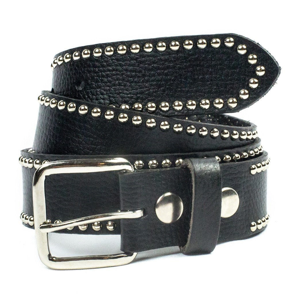 1 1/2" wide genuine leather black belt with small silver dome stud outline and removable buckle