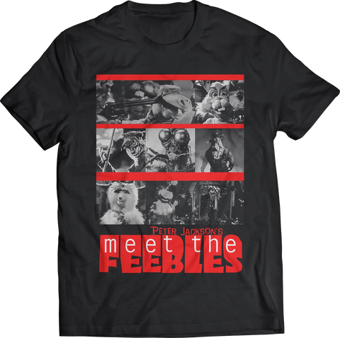 black t-shirt with the USA poster art from Peter Jackson’s 1989 musical black comedy film, Meet the Feebles
