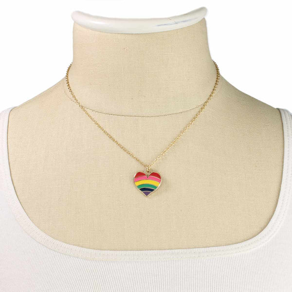 rainbow striped heart shaped enameled gold metal pendant on gold metal link chain necklace, shown on dress form display