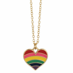 rainbow striped heart shaped enameled gold metal pendant on gold metal link chain necklace