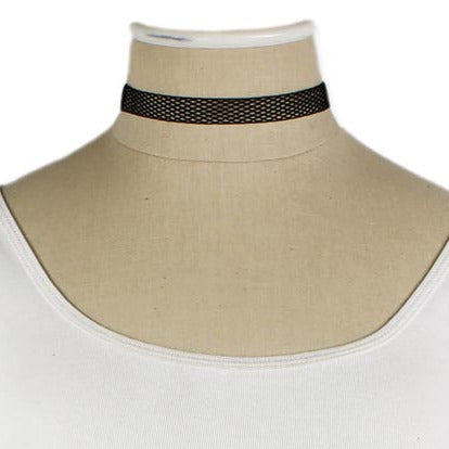 black fishnet ribbon choker necklace, shown on dress form display
