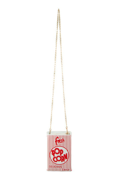 white with red popcorn bag printed vinyl novelty purse with zip closure and removable gold chain strap