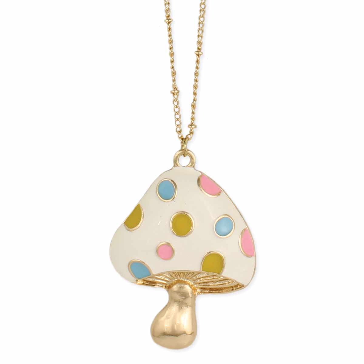 enameled gold mushroom pendant with cream, blue, yellow, and pink details on a delicate gold bead and link metal chain