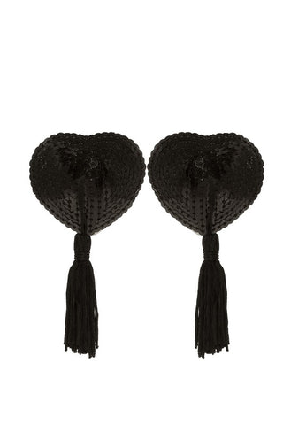 pair black sequin covered heart-shaped silicone pasties with black tassels