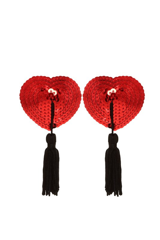 pair red sequin covered heart-shaped silicone pasties with black tassels