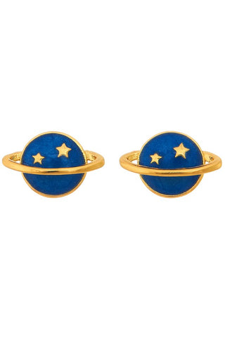pair 1/2" enameled navy blue over brass Saturn with star detail post earrings