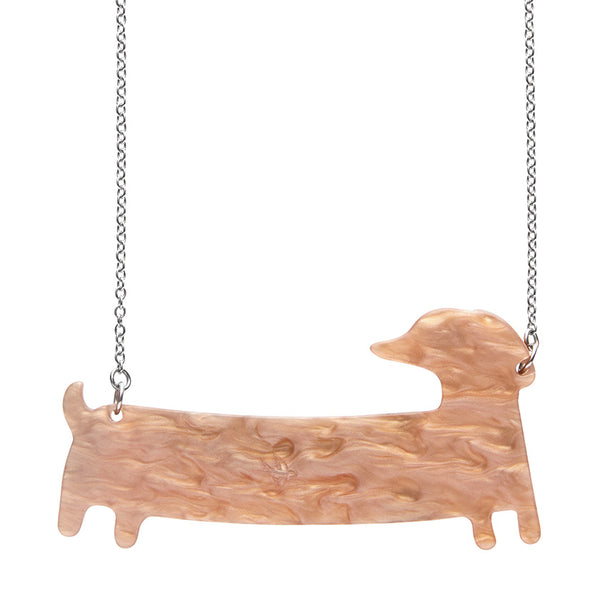 Terry Runyan Collaboration Collection "Long Dog" dachshund pendant necklace, showing solid brown back view