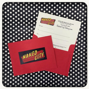 Naked City Clothing Gift Certificate shown with red envelope against black and white polka dot background