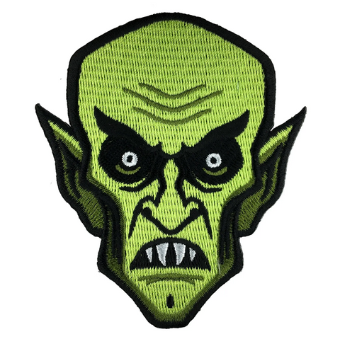 embroidered iron-on patch in black and multi green colors depicting of the face of Max Schreck as vampire "Count Orlok" from the 1922 German Expressionist silent film, Nosfertu: A Symphony of Horror