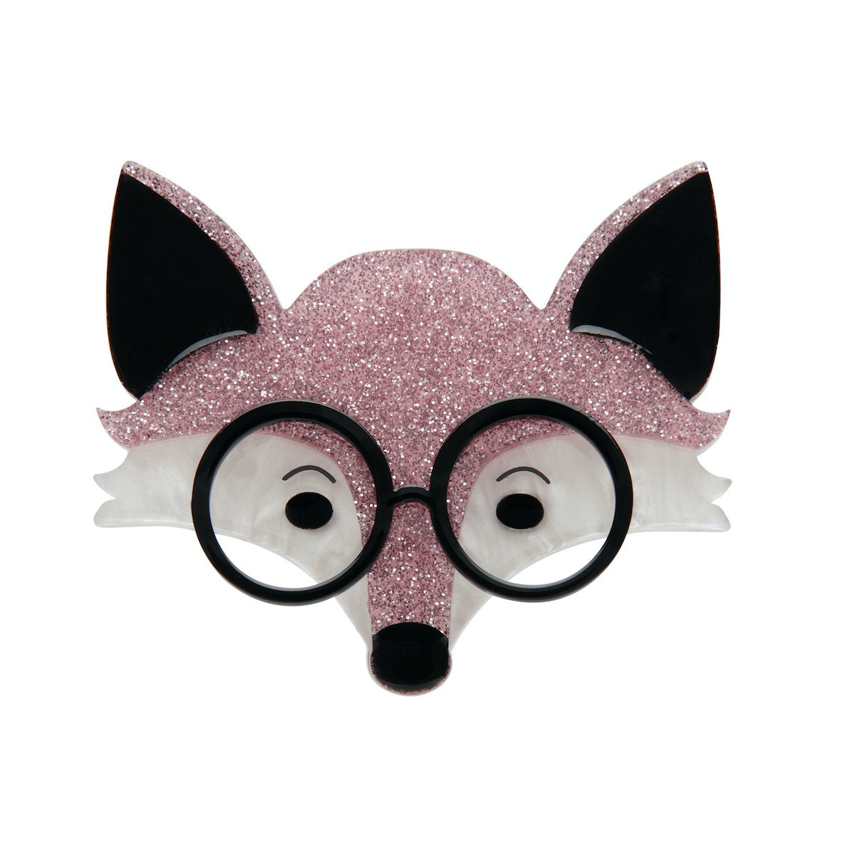 pale pink glitter, black, and white glasses-wearing fox face layered resin brooch