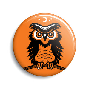 illustrated black, orange owl against orange background 1 1/2" round metal pin-back button