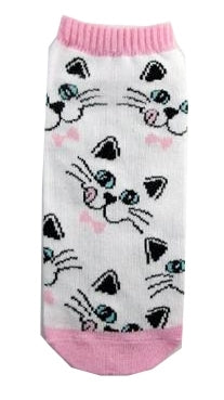 white ankle sock with allover black outline cat faces with pink tongues and bow-ties print