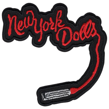 New York Dolls lipstick script logo black, red, and white embroidered patch