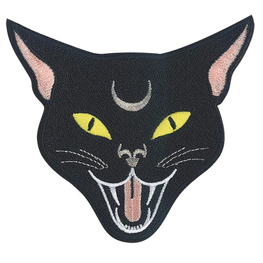 Open-mouthed black cat face patch with embroidered metallic silver crescent moon & whiskers, pink ears and tongue, and bright yellow eyes