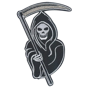 Grim Reaper black canvas twill patch with white embroidered details and metallic silver thread scythe