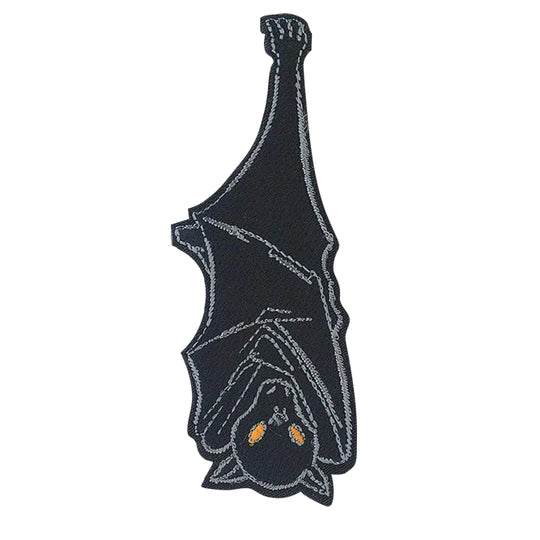 perched upside down hanging black bat with yellow eyes and grey outline details embroidered patch
