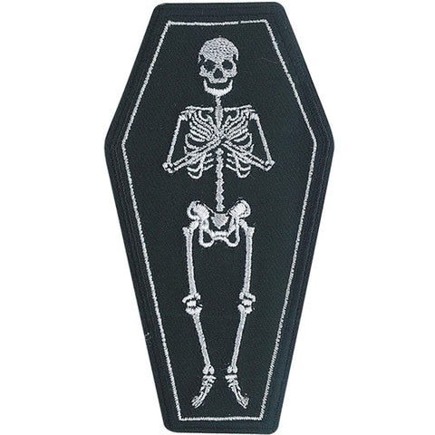 Black canvas twill coffin-shaped patch with nicely detailed white embroidered skeleton inside