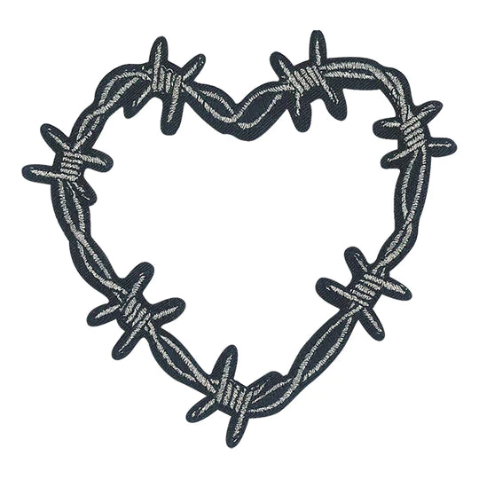 Embroidered black & metallic silver barbed wire heart-shaped patch