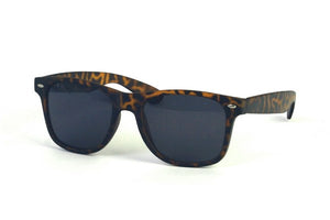 matte tortoiseshell pattern Wayfarer style plastic frame sunglasses, smoke lenses