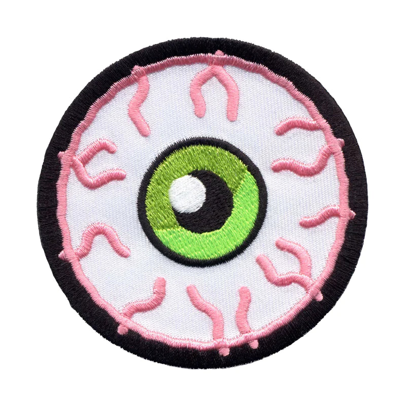Pale pink and neon green bloodshot "Jeepers Peepers" eye ball shaped embroidered patch