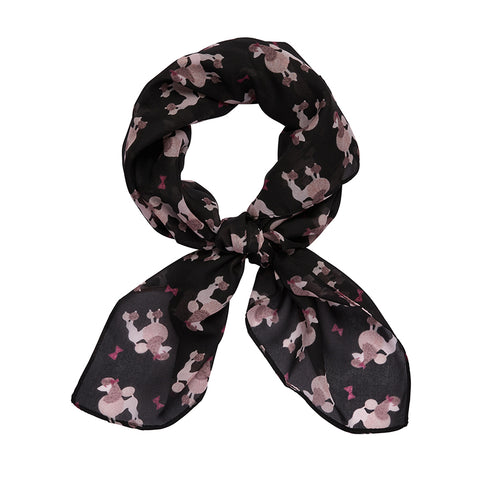 Paris Holiday Collection "Madame Caniche" vintage inspired semi-sheer black background pink poodle print scarf