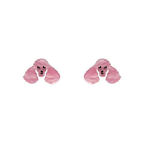 pair laser cut poodle head post earrings in marbled pink ripple 100% Acrylic resin