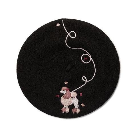 Paris Holiday Collection "Madame Caniche" pink poodle embroidered black wool beret