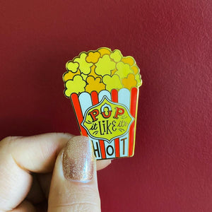 "Pop It Like It's Hot" text red white yellow popcorn box enameled gold metal clutch back pin