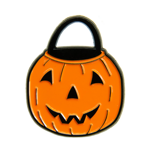 Vintage style orange jack-o'-lantern Halloween treat bucket enameled black metal clutch back fastener pin