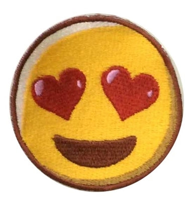 2" round yellow smiley fave with red heart eyes "Love" emoji embroidered patch 