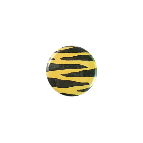 1" size round metal button in all-over black & orange tiger print
