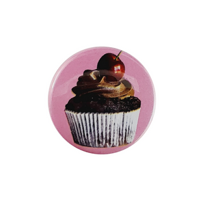cherry topped chocolate cupcake photo image against pink background round magnet