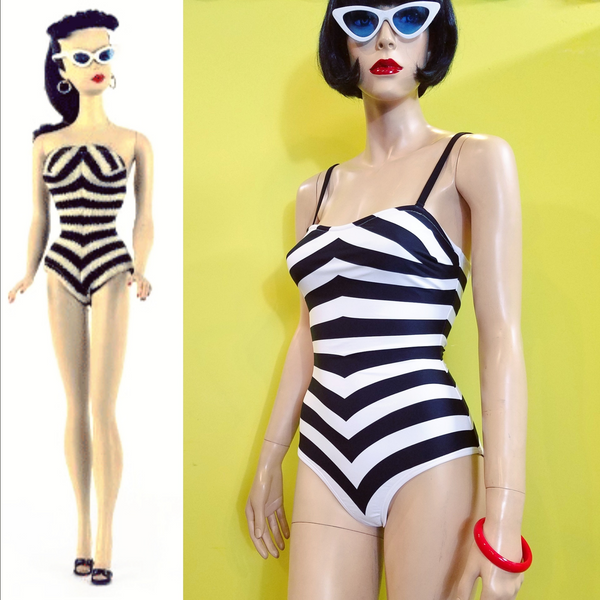60s Barbie black & white chevron striped one-piece swimsuit with removable adjustable straps, shown on mannequin next to photo of the original swimsuit on a Barbie doll