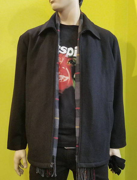 men's sizing black wool zip front "garage jacket" coat with pockets, shown on mannequin