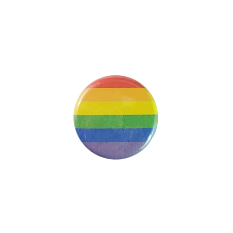 1" size round metal button with a colorful rainbow stripe design