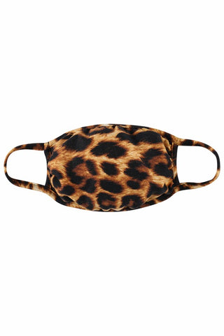 leopard print gathered poly/cotton blend knit face mask with self trim and ear loops
