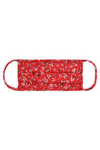 red background ditsy floral print pleated poly/cotton blend knit face mask with self trim and ear loops