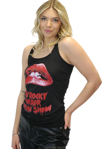 black racerback style tank top featuring Patricia Quinn's iconic red lips from The Rocky Horror Picture Show, shown on model