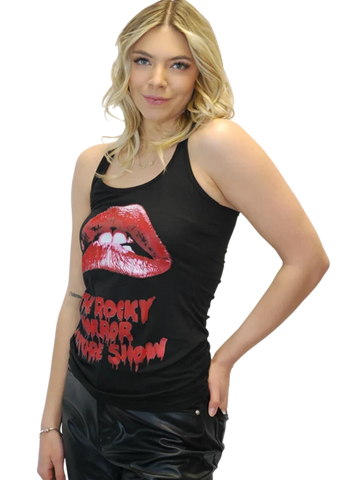black racerback style tank top featuring Patricia Quinn's iconic red lips from The Rocky Horror Picture Show, shown on model